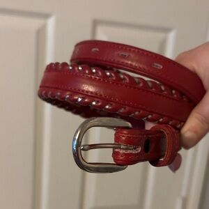 VTG Made in USA Red Leather Cowhide Belt with Silver stiching and Buckle size 30